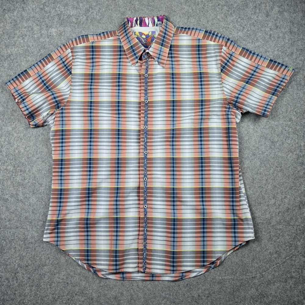 Robert Graham Button Up Shirt Mens 2XL Orange Striped Short Sleeve Flip Cuff